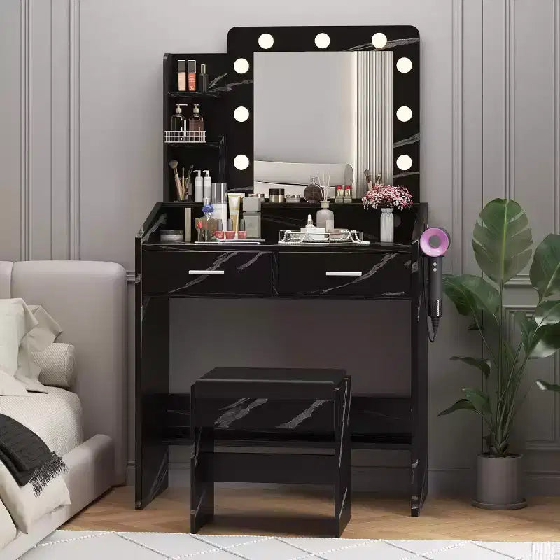 Toeletta con specchio e luci per camera da letto, tavolo da trucco con 2 cassetti, 3 modalità di illuminazione e LED dimmerabili, Toeletta con specchio e luci per camera da letto