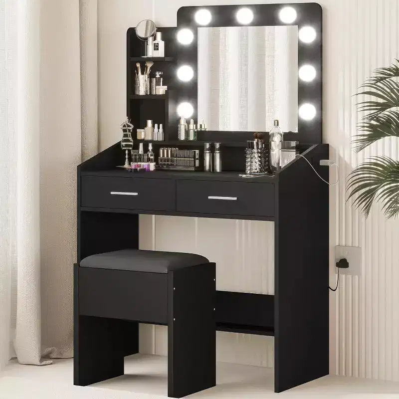 Toeletta con specchio e luci per camera da letto, tavolo da trucco con 2 cassetti, 3 modalità di illuminazione e LED dimmerabili, Toeletta con specchio e luci per camera da letto