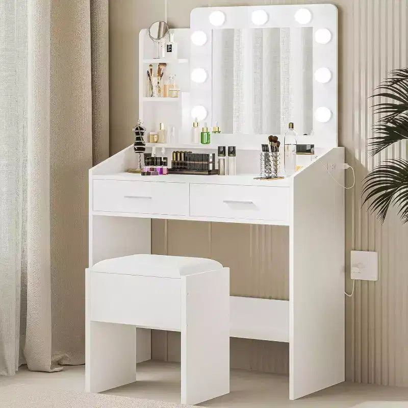 Toeletta con specchio e luci per camera da letto, tavolo da trucco con 2 cassetti, 3 modalità di illuminazione e LED dimmerabili, Toeletta con specchio e luci per camera da letto