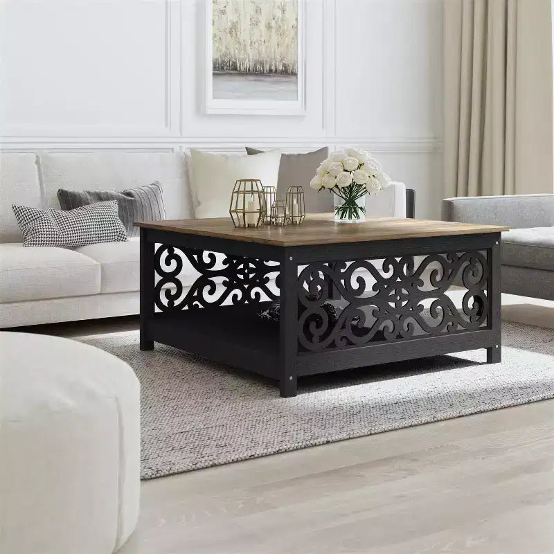 Tavolino da caffè quadrato Galano con pannelli decorativi intagliati e ripiano inferiore 34,9 L x 34,9 P x 17,1 A