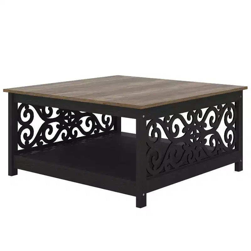 Tavolino da caffè quadrato Galano con pannelli decorativi intagliati e ripiano inferiore 34,9 L x 34,9 P x 17,1 A