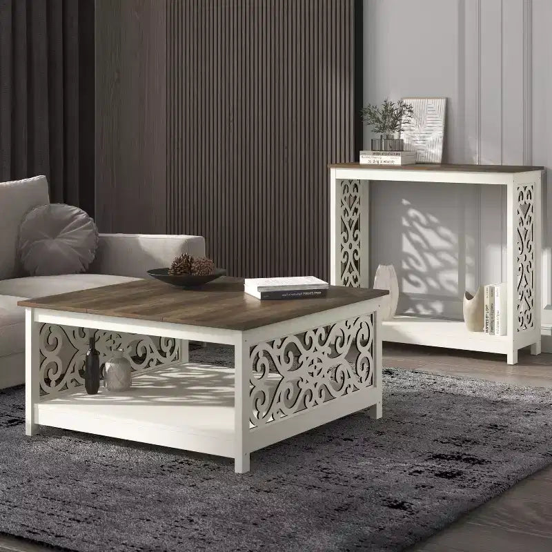 Tavolino da caffè quadrato Galano con pannelli decorativi intagliati e ripiano inferiore 34,9 L x 34,9 P x 17,1 A
