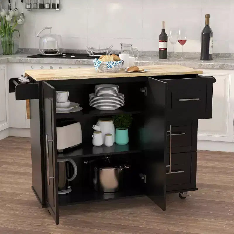 MAYEERTY Isola Cucina Nera, Piano Estensibile in Legno Massello Portaspezie Portasciugamani
