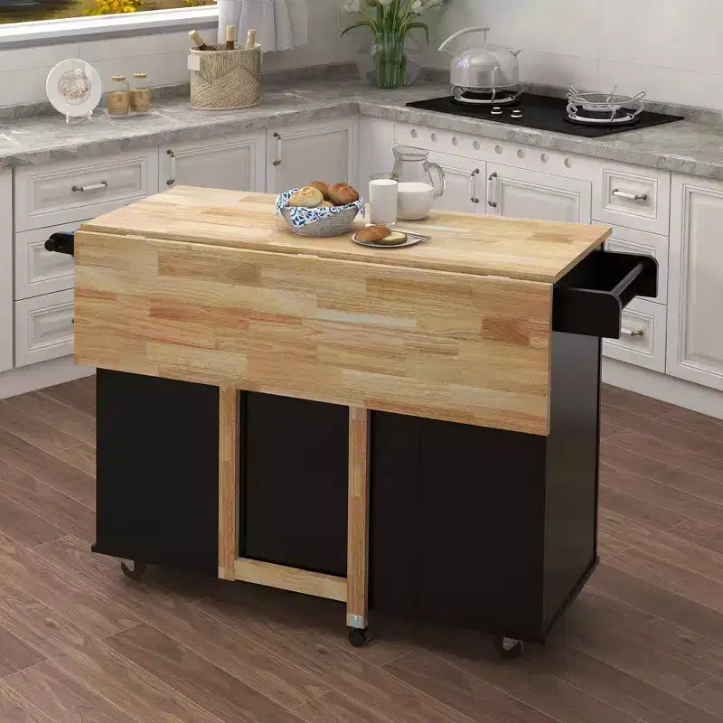 MAYEERTY Isola Cucina Nera, Piano Estensibile in Legno Massello Portaspezie Portasciugamani