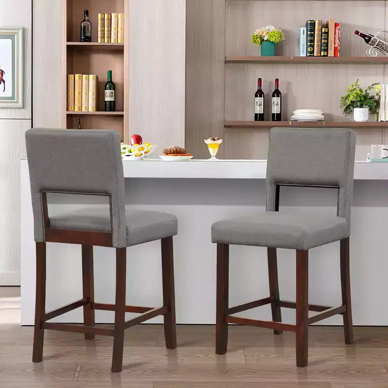 Costway Set di 4 Sgabelli da Bar Altezza Bancone in Lino/Pelle PVC con Schienale e Gambe in Legno di Gomma