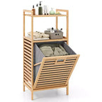 Costway Tilt-out Laundry Hamper w/ 2-Tier Shelves & Tilt-out Basket Bamboo Organizer