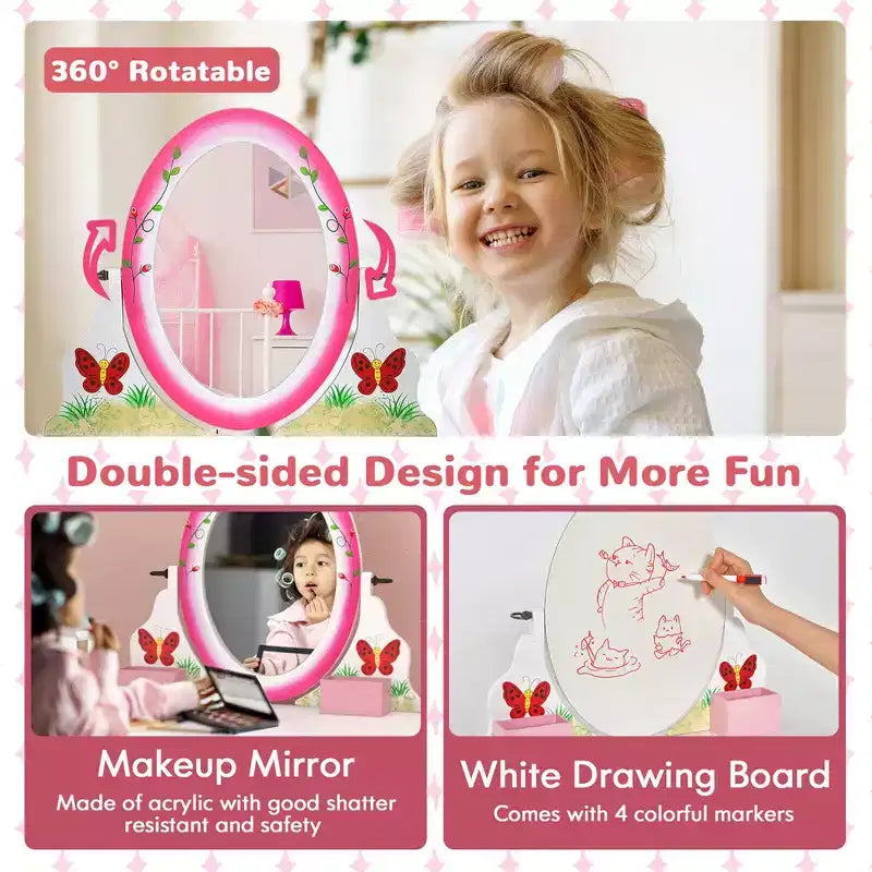 Costway Tavolino da trucco con sgabello per bambini, gioco di finzione, scrivania per il trucco con pennarelli per lavagna bianca