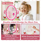 Costway Tavolino da trucco con sgabello per bambini, gioco di finzione, scrivania per il trucco con pennarelli per lavagna bianca