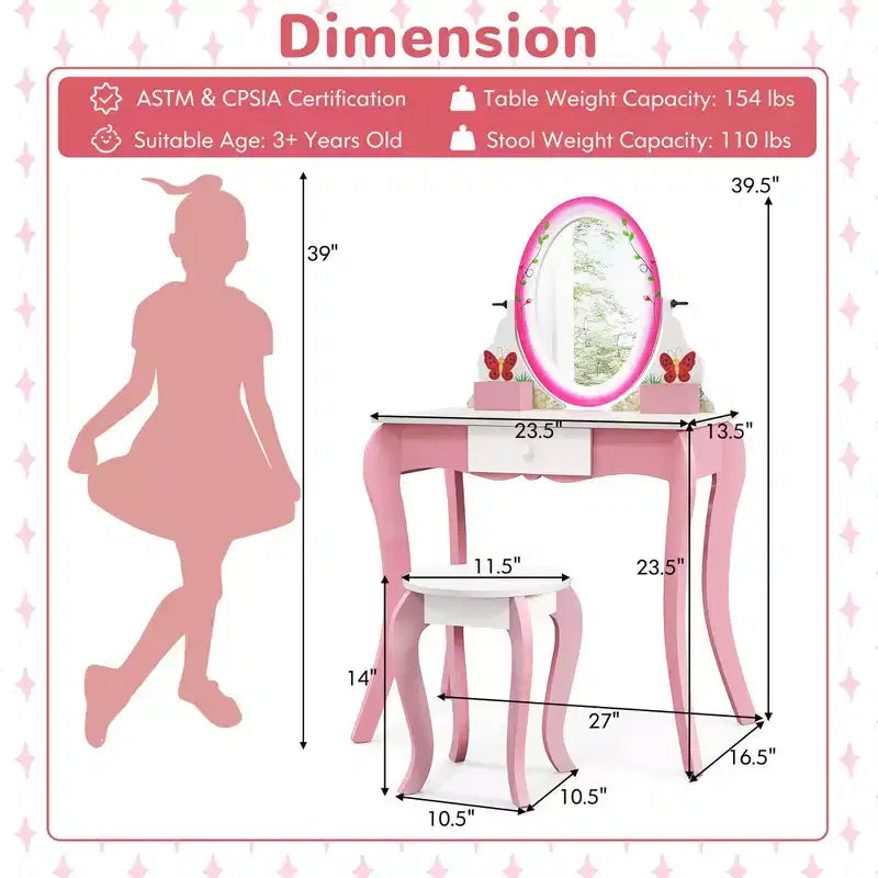 Costway Tavolino da trucco con sgabello per bambini, gioco di finzione, scrivania per il trucco con pennarelli per lavagna bianca
