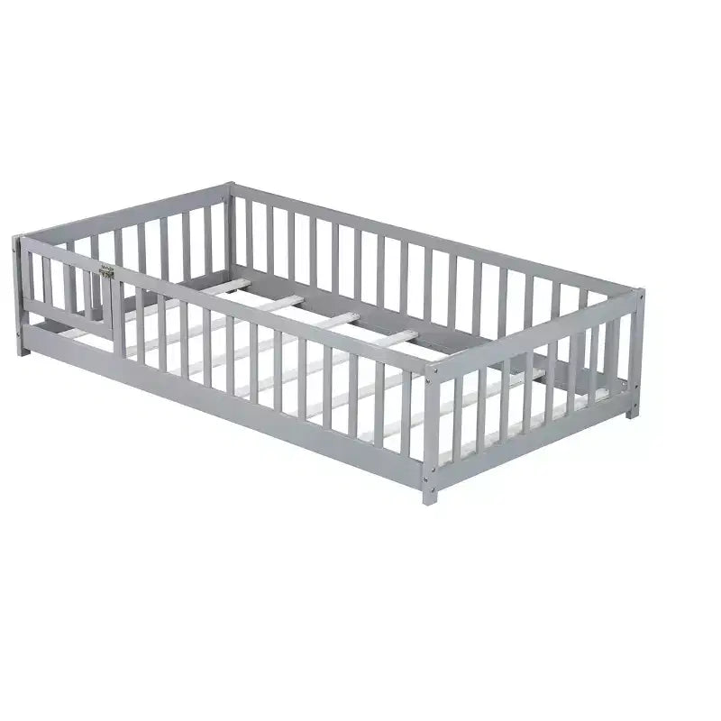 TUYOHW Letto a Pavimento per Bambini, Misura Matrimoniale, in Legno Moderno Stile Montessori, con Spondine di Sicurezza e Porta, per Camera da Letto