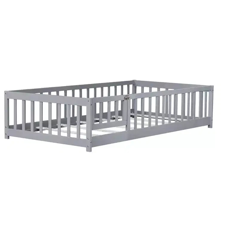TUYOHW Letto a Pavimento per Bambini, Misura Matrimoniale, in Legno Moderno Stile Montessori, con Spondine di Sicurezza e Porta, per Camera da Letto