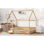 TUYOHW Letto a Pavimento per Bambini, Misura Matrimoniale, in Legno Moderno Stile Montessori, con Spondine di Sicurezza e Porta, per Camera da Letto