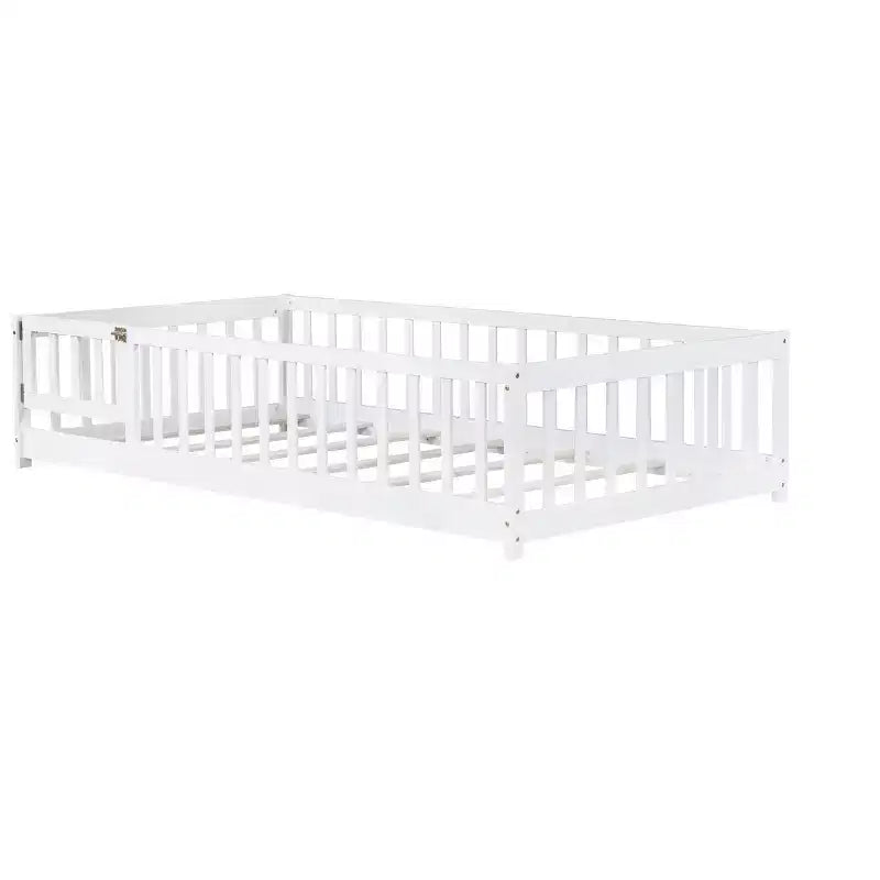 TUYOHW Letto a Pavimento per Bambini, Misura Matrimoniale, in Legno Moderno Stile Montessori, con Spondine di Sicurezza e Porta, per Camera da Letto