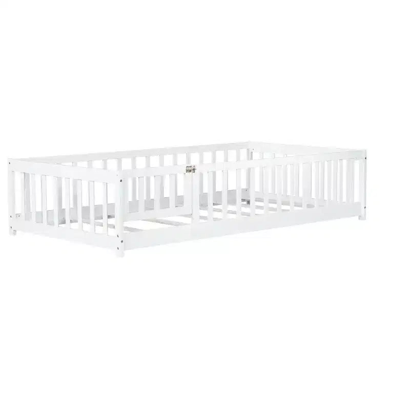 TUYOHW Letto a Pavimento per Bambini, Misura Matrimoniale, in Legno Moderno Stile Montessori, con Spondine di Sicurezza e Porta, per Camera da Letto