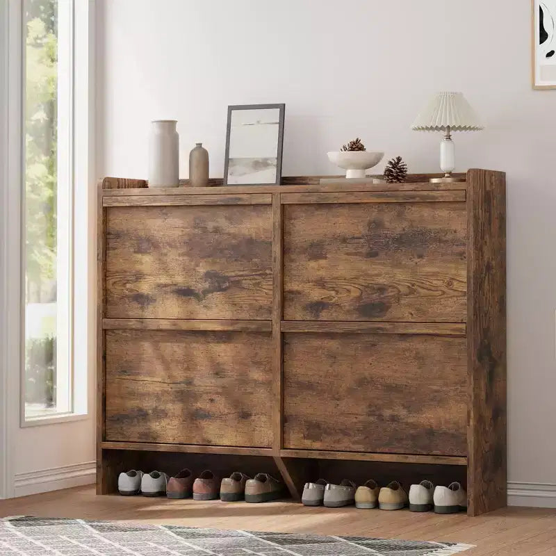 Scarpiera a 4 Ante Ribaltabili con Ripiano Regolabile - Organizzatore Versatile in Legno per Ingresso, Corridoio e Soggiorno