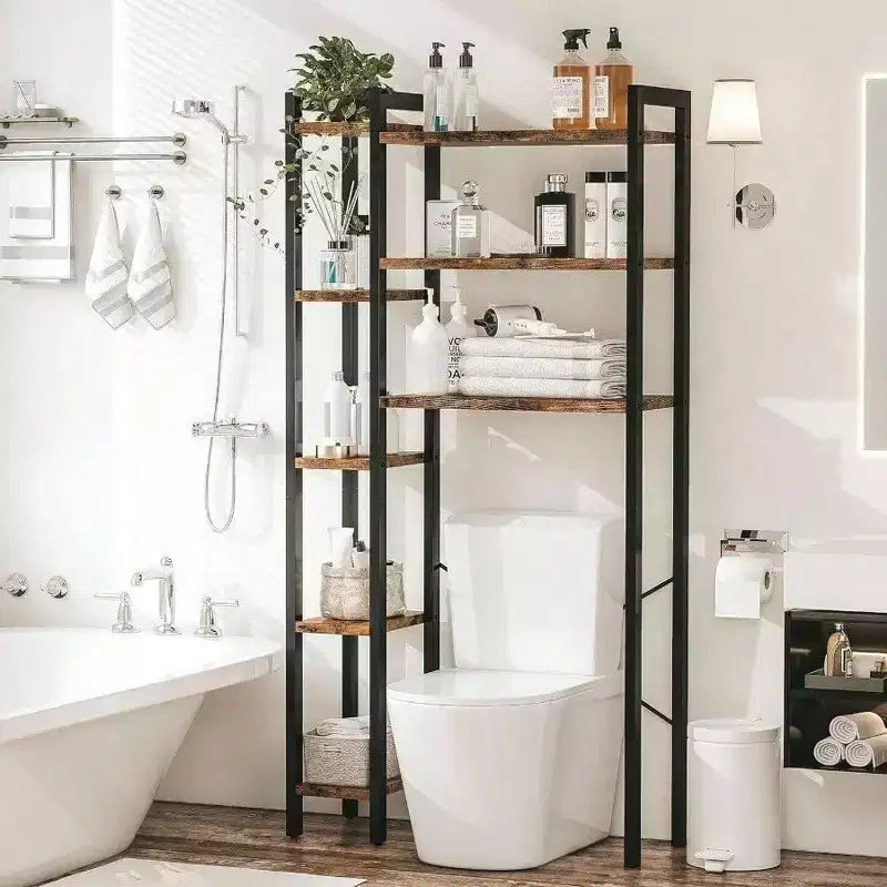 Mobile Contenitore Sopra il WC con Scaffale a 8 Ripiani, Ampio Spazio di Archiviazione, Ripiano Laterale Aperto, Organizzatore Bagno Autoportante, Marrone Vintage