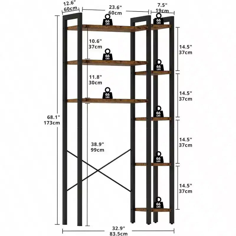 Mobile Contenitore Sopra il WC con Scaffale a 8 Ripiani, Ampio Spazio di Archiviazione, Ripiano Laterale Aperto, Organizzatore Bagno Autoportante, Marrone Vintage