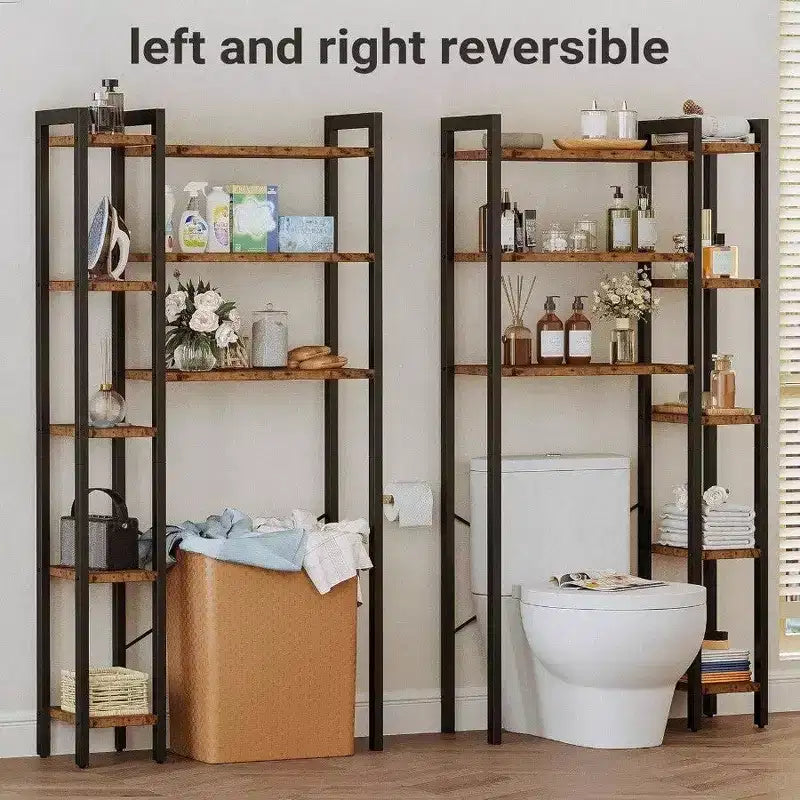 Mobile Contenitore Sopra il WC con Scaffale a 8 Ripiani, Ampio Spazio di Archiviazione, Ripiano Laterale Aperto, Organizzatore Bagno Autoportante, Marrone Vintage