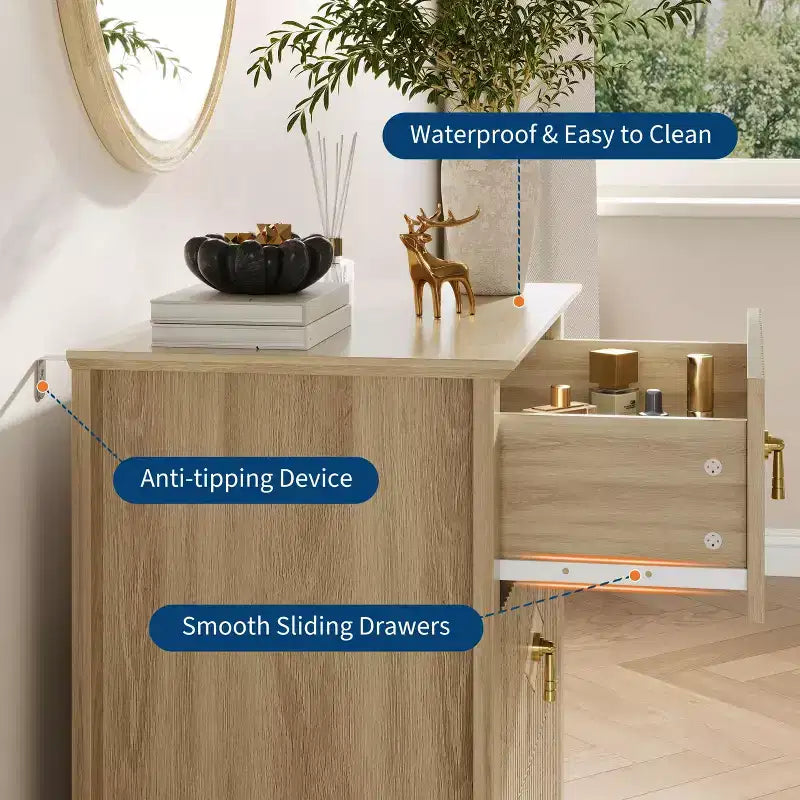 Comodino in Legno con Cassettiera Scanalata, Comodino a 3 Cassetti - Cassettiera Moderna per Camera da Letto, Soggiorno, Corridoio e Ingresso
