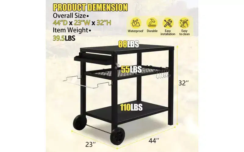 Karl Home Carrello per grill da esterno a 3 ripiani Carrello da barbecue mobile con due ruote e ganci