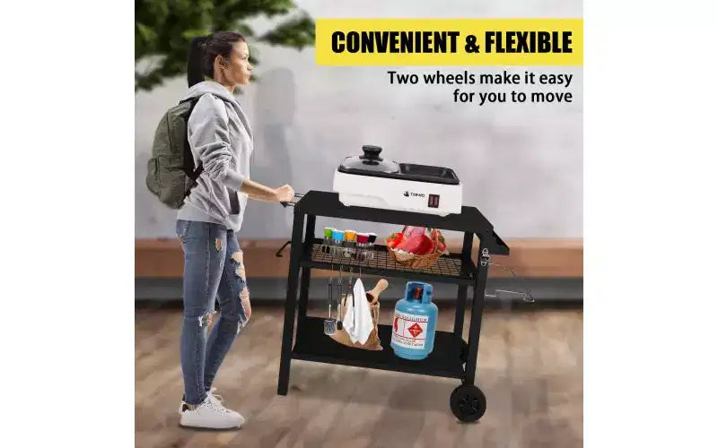 Karl Home Carrello per grill da esterno a 3 ripiani Carrello da barbecue mobile con due ruote e ganci