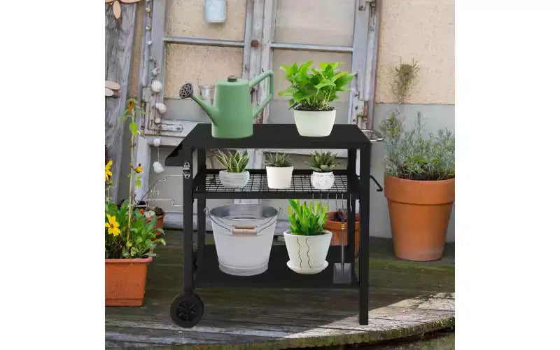 Karl Home Carrello per grill da esterno a 3 ripiani Carrello da barbecue mobile con due ruote e ganci