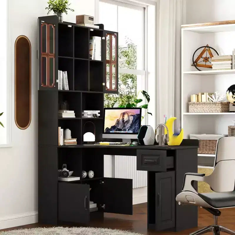 Scrivania angolare a L per computer con credenza, scrivania da ufficio ad angolo con cassetti e libreria, tavolo da studio, scrivania per computer da gioco per studio, nera