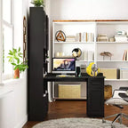 Scrivania angolare a L per computer con credenza, scrivania da ufficio ad angolo con cassetti e libreria, tavolo da studio, scrivania per computer da gioco per studio, nera