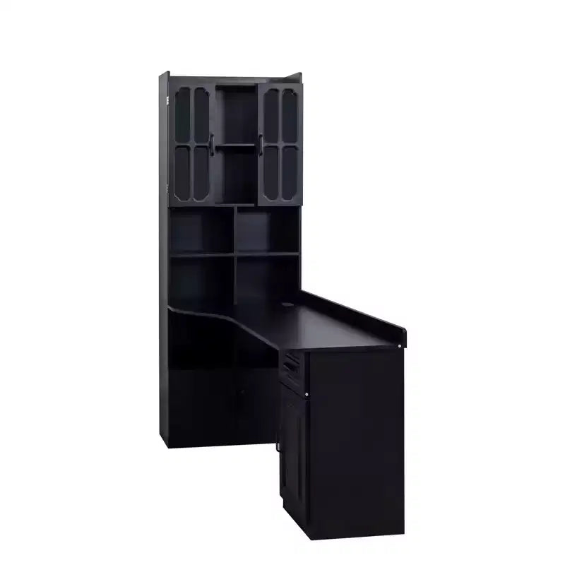 Scrivania angolare a L per computer con credenza, scrivania da ufficio ad angolo con cassetti e libreria, tavolo da studio, scrivania per computer da gioco per studio, nera