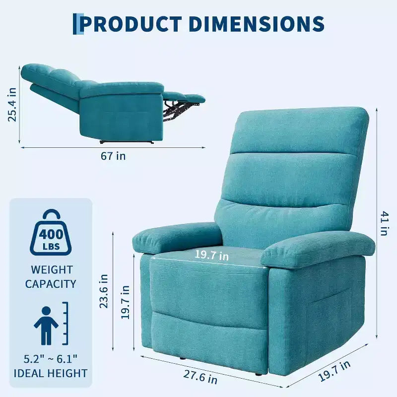 Poltrona Reclinabile per Adulti, Reclinabile Manuale in Tessuto con Tasca Laterale, Divano Singolo Regolabile con Supporto Ergonomico per la Schiena per Soggiorno, Camera da Letto