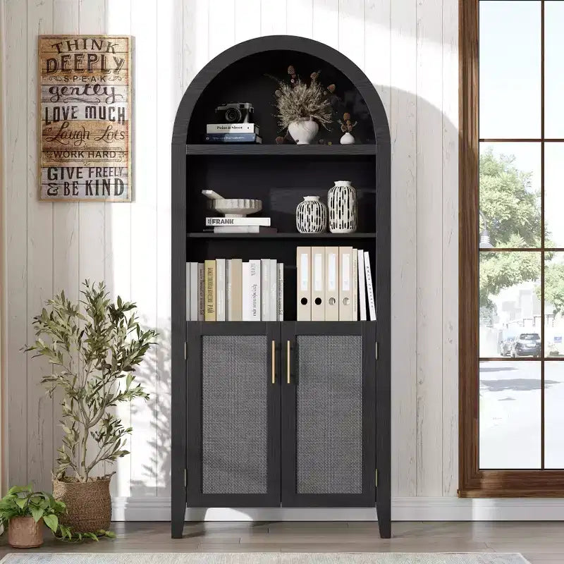 Libreria ad arco con ante - Scaffale a 5 ripiani a giorno con decorazioni in rattan, mobile contenitore moderno per libri per ufficio, soggiorno, biblioteca