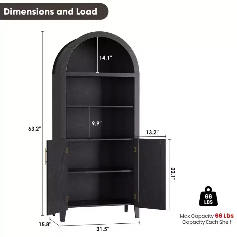 Libreria ad arco con ante - Scaffale a 5 ripiani a giorno con decorazioni in rattan, mobile contenitore moderno per libri per ufficio, soggiorno, biblioteca