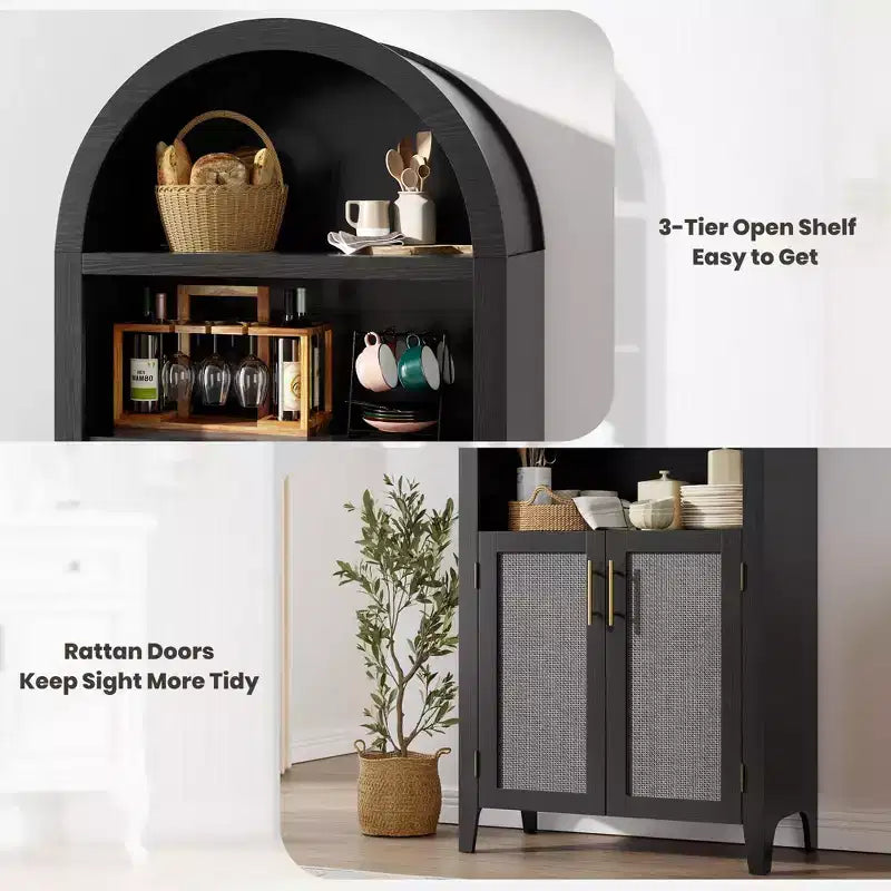 Libreria ad arco con ante - Scaffale a 5 ripiani a giorno con decorazioni in rattan, mobile contenitore moderno per libri per ufficio, soggiorno, biblioteca