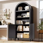 Libreria ad arco con ante - Scaffale a 5 ripiani a giorno con decorazioni in rattan, mobile contenitore moderno per libri per ufficio, soggiorno, biblioteca