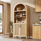 Libreria ad arco con ante - Scaffale a 5 ripiani a giorno con decorazioni in rattan, mobile contenitore moderno per libri per ufficio, soggiorno, biblioteca