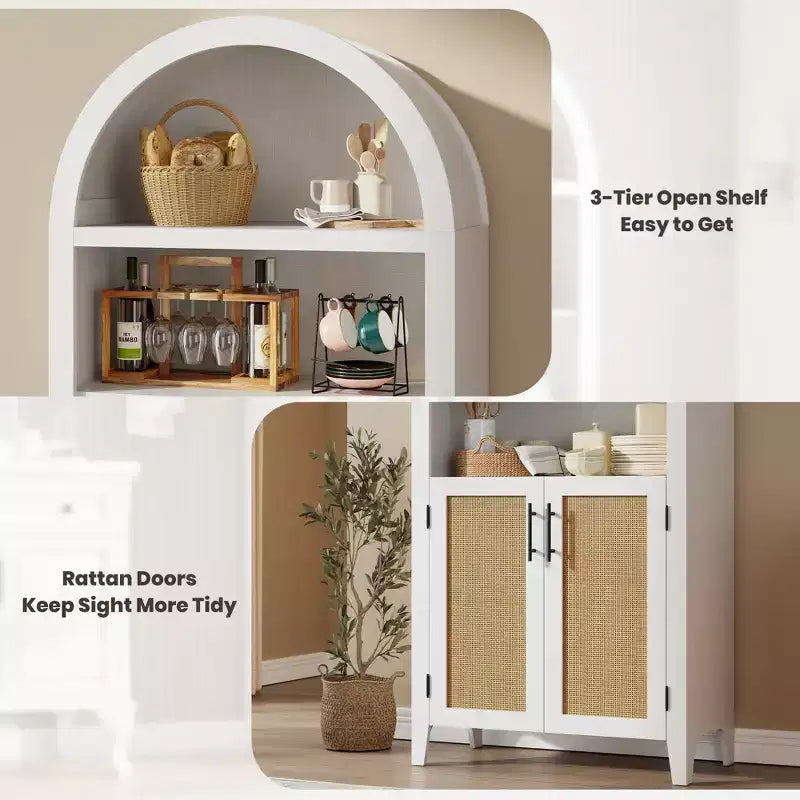Libreria ad arco con ante - Scaffale a 5 ripiani a giorno con decorazioni in rattan, mobile contenitore moderno per libri per ufficio, soggiorno, biblioteca