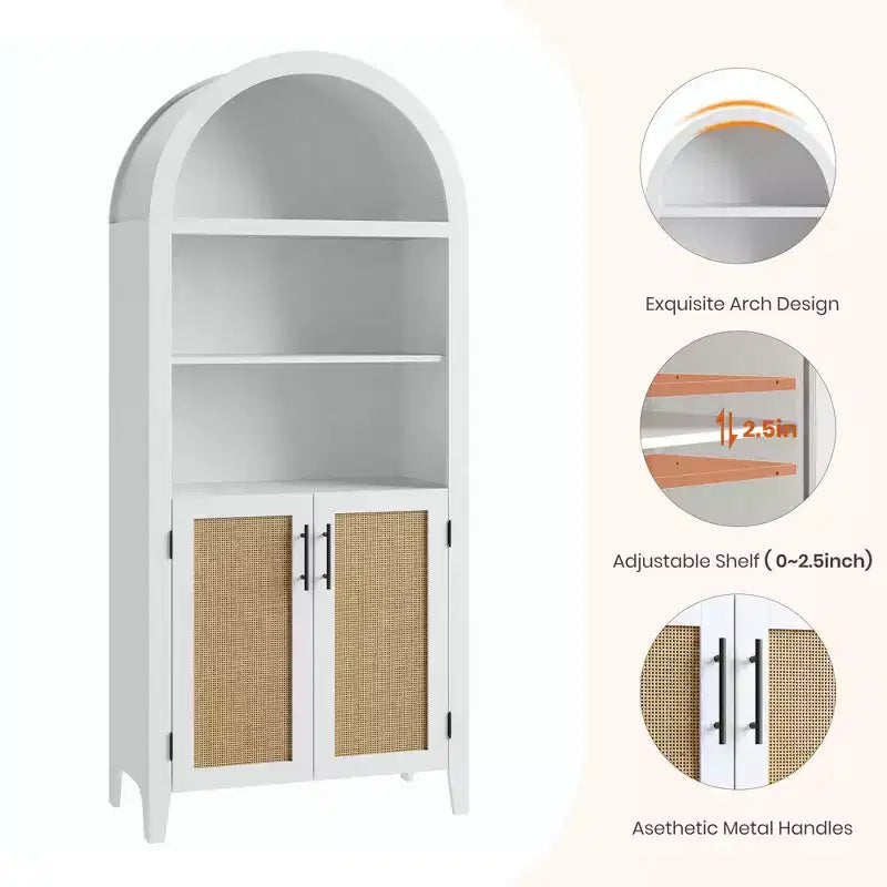 Libreria ad arco con ante - Scaffale a 5 ripiani a giorno con decorazioni in rattan, mobile contenitore moderno per libri per ufficio, soggiorno, biblioteca