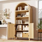 Libreria ad arco con ante - Scaffale a 5 ripiani a giorno con decorazioni in rattan, mobile contenitore moderno per libri per ufficio, soggiorno, biblioteca