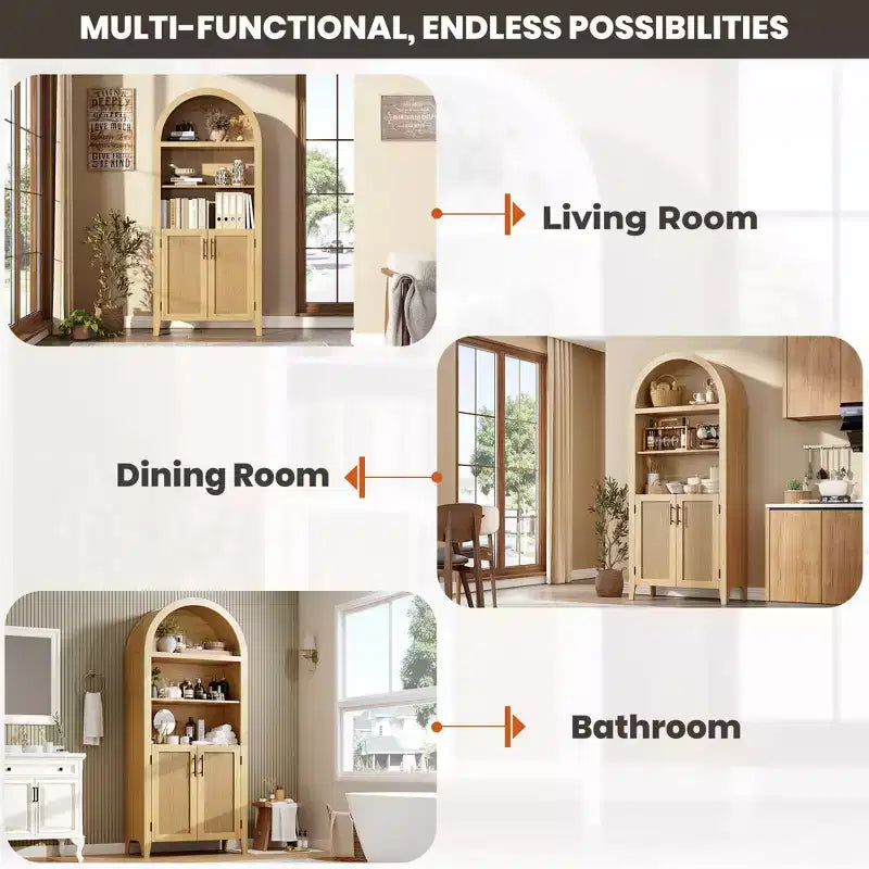 Libreria ad arco con ante - Scaffale a 5 ripiani a giorno con decorazioni in rattan, mobile contenitore moderno per libri per ufficio, soggiorno, biblioteca