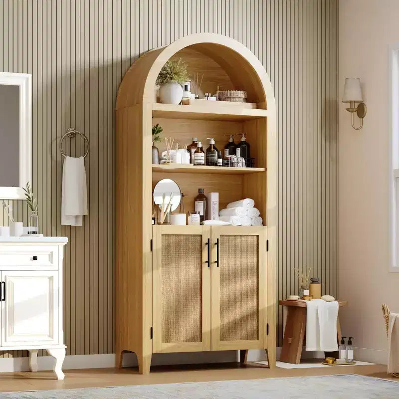 Libreria ad arco con ante - Scaffale a 5 ripiani a giorno con decorazioni in rattan, mobile contenitore moderno per libri per ufficio, soggiorno, biblioteca