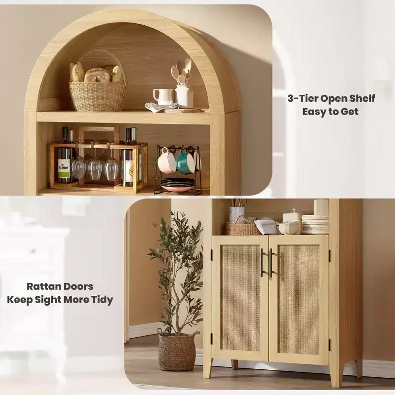 Libreria ad arco con ante - Scaffale a 5 ripiani a giorno con decorazioni in rattan, mobile contenitore moderno per libri per ufficio, soggiorno, biblioteca