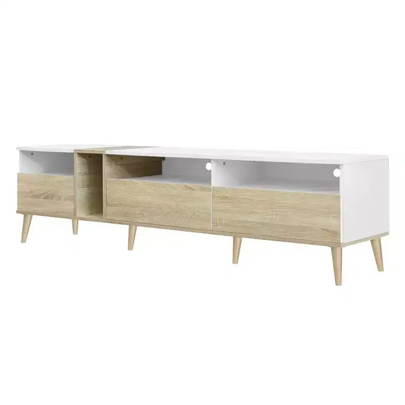 Mobile TV moderno con cassetti per TV da 80 pollici, mobile consolle multimediale con contenitore, mobile contenitore TV con ripiani aperti per soggiorno, bianco