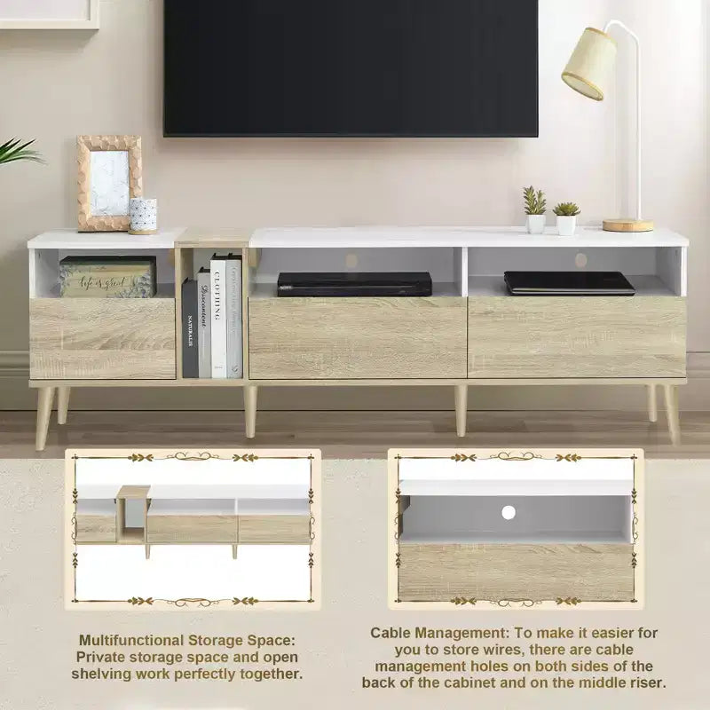 Mobile TV moderno con cassetti per TV da 80 pollici, mobile consolle multimediale con contenitore, mobile contenitore TV con ripiani aperti per soggiorno, bianco