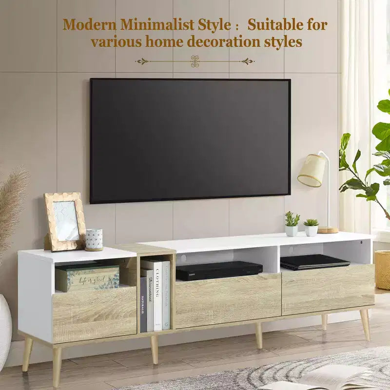 Mobile TV moderno con cassetti per TV da 80 pollici, mobile consolle multimediale con contenitore, mobile contenitore TV con ripiani aperti per soggiorno, bianco