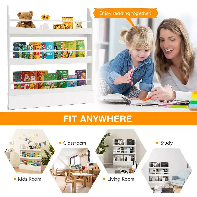 Costway Libreria per Bambini a 3 Ripiani, Scaffale Portaoggetti Giocattoli da Parete con Kit Antiribaltamento