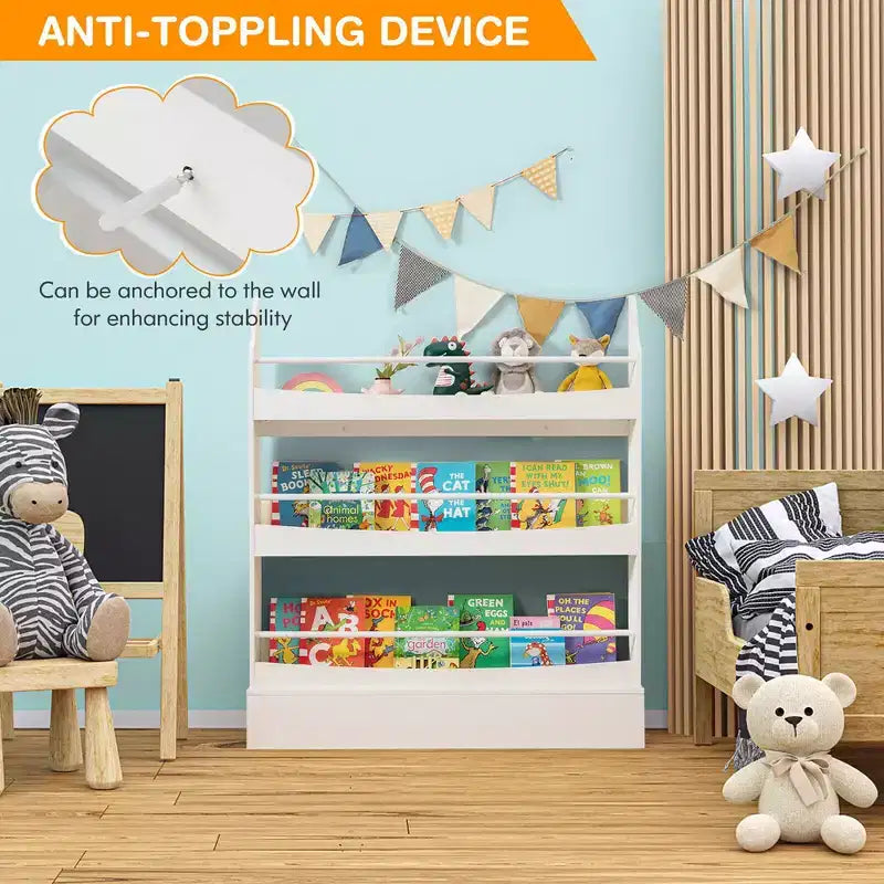 Costway Libreria per Bambini a 3 Ripiani, Scaffale Portaoggetti Giocattoli da Parete con Kit Antiribaltamento