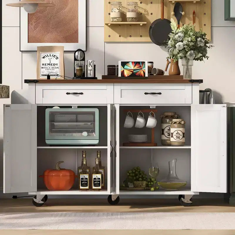 Isola Cucina da Fattoria con Presa Elettrica, Isola Contenitore da Cucina con Ribalta, Portaspezie e Cassetto, Carrello da Cucina su Ruote