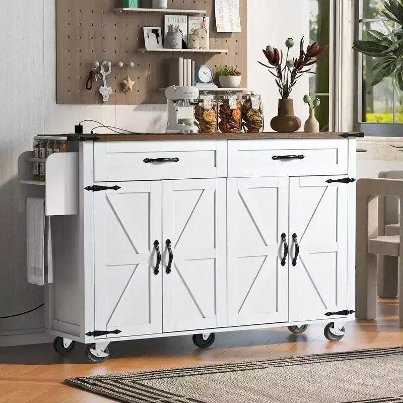 Isola Cucina da Fattoria con Presa Elettrica, Isola Contenitore da Cucina con Ribalta, Portaspezie e Cassetto, Carrello da Cucina su Ruote
