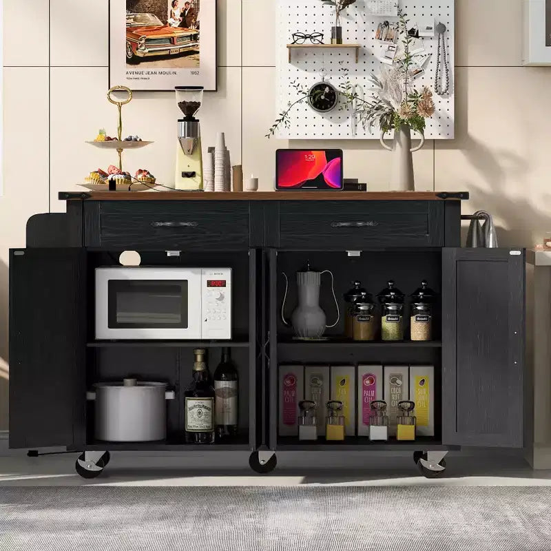 Isola Cucina da Fattoria con Presa Elettrica, Isola Contenitore da Cucina con Ribalta, Portaspezie e Cassetto, Carrello da Cucina su Ruote