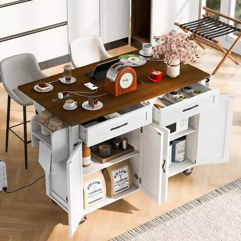 Isola Cucina da Fattoria con Presa Elettrica, Isola Contenitore da Cucina con Ribalta, Portaspezie e Cassetto, Carrello da Cucina su Ruote